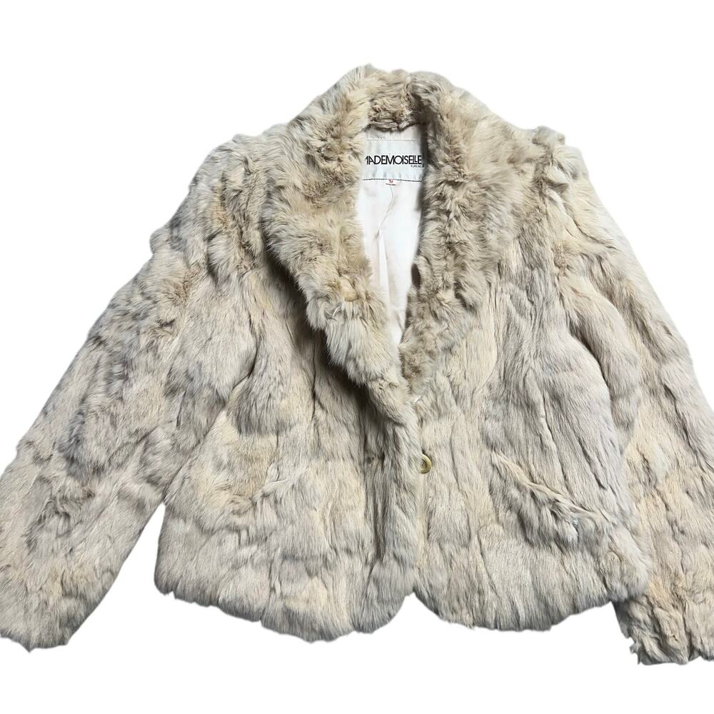 Vintage Mademoiselle White rabbit Fur Coat Size Medium Jacket Flawed